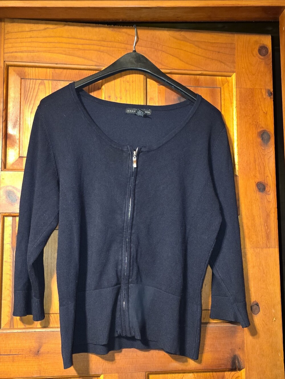 Grace Elements Xl Black Knit 3/4 Sleeve Sweater With Zipper Front